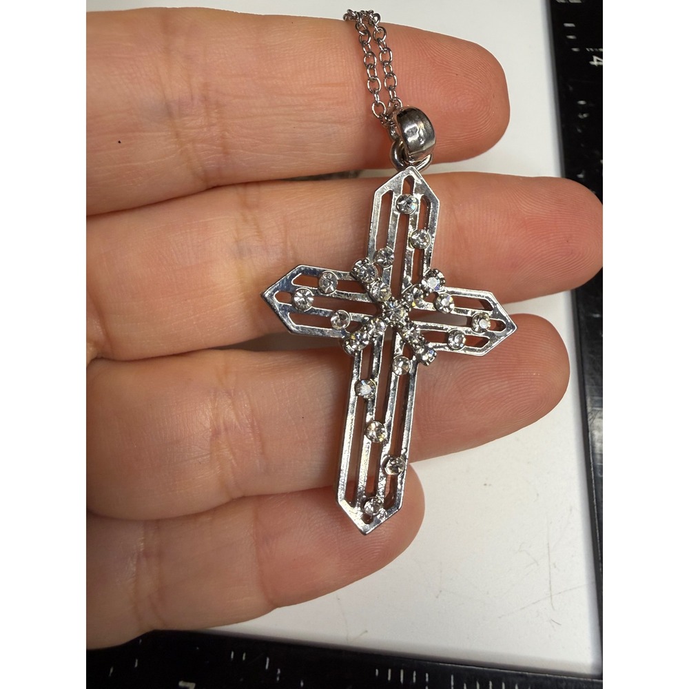 Silver Tone Rhinestone Openwork Geometric Cross Pendant Necklace 18 Inch Chain
